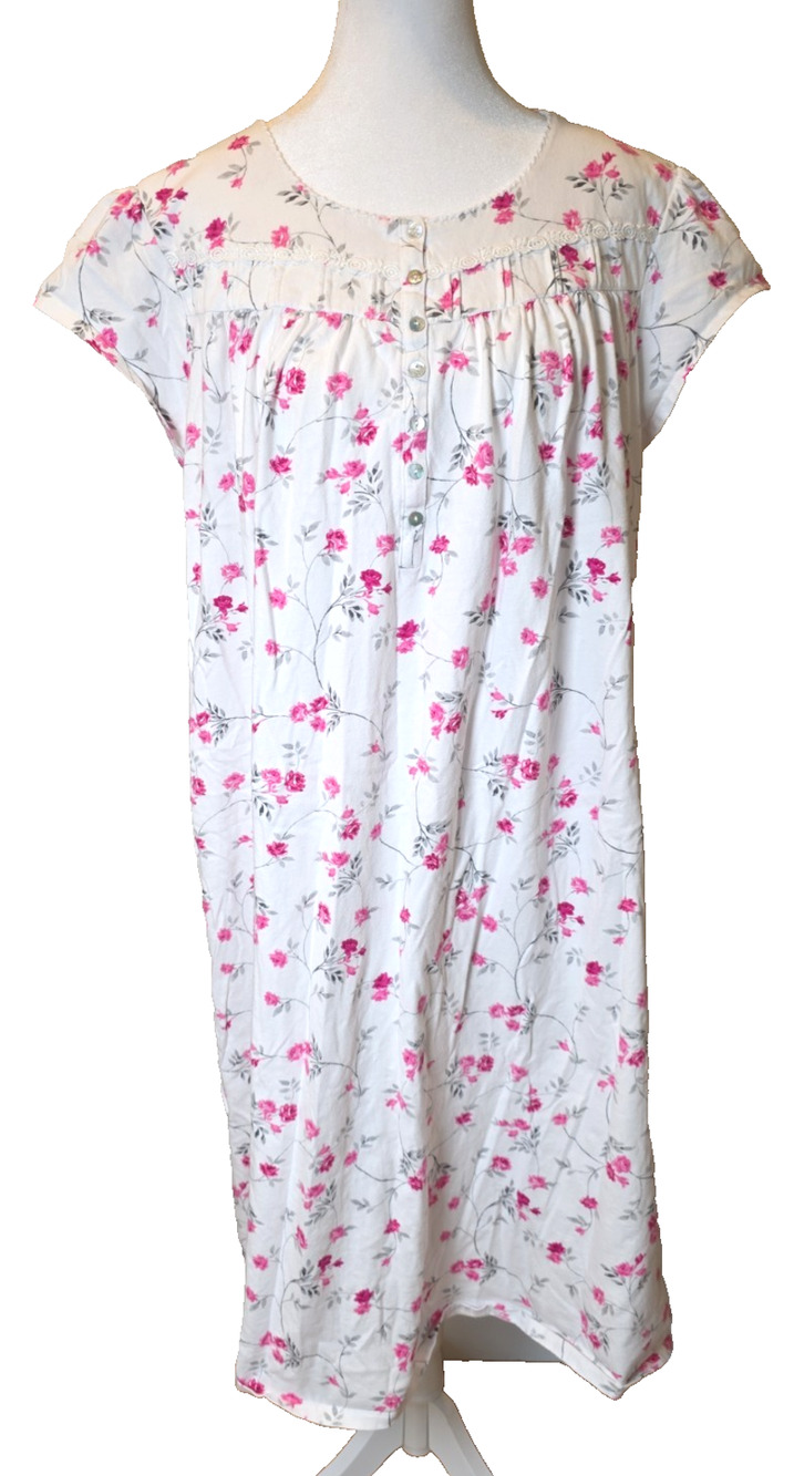 Eileen West L Pink Rose Floral Cotton Nightgown Lace Cap Sleeve Cottagecore Midi